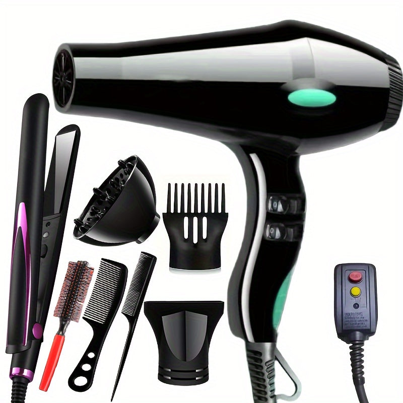 Professional 600W Hair Dryer with Negative Ions, Adjustable Temperature, 59.06-118.11inch Cord, US Plug, Includes Nozzle & Straightener, Non-Foldable Handle, for Home & Salon Use - Blue